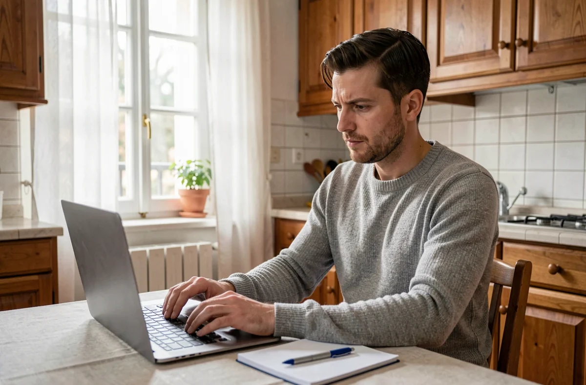 Homme accédant à son compte CGOS en ligne depuis son domicile pour contacter le support