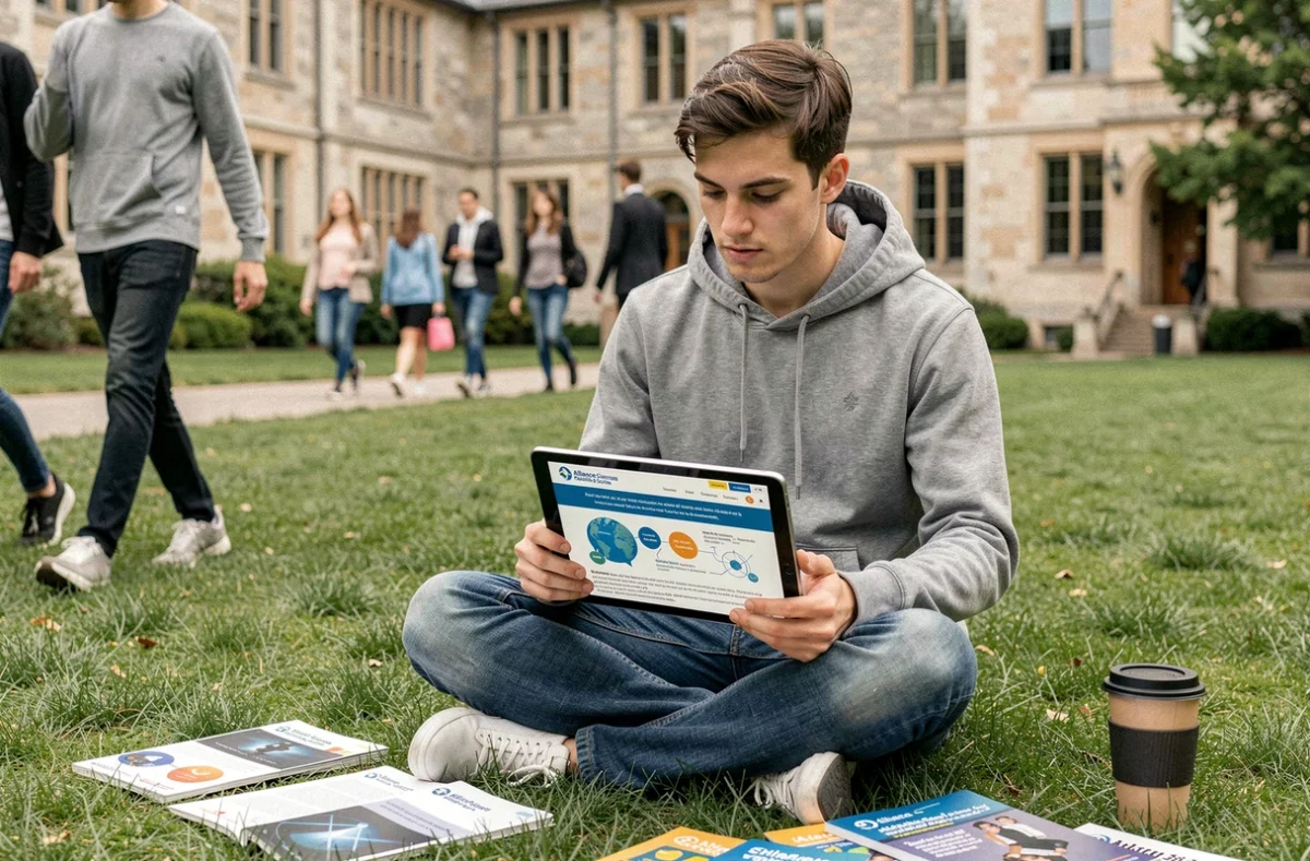 Jeune adulte consultant le site Alliance Sciences Société sur une tablette numérique sur le campus universitaire, symbolisant l'accessibilité de la recherche scientifique au grand public