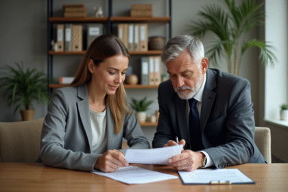 Homme d affaires examinant un contrat de location avec une jeune femme