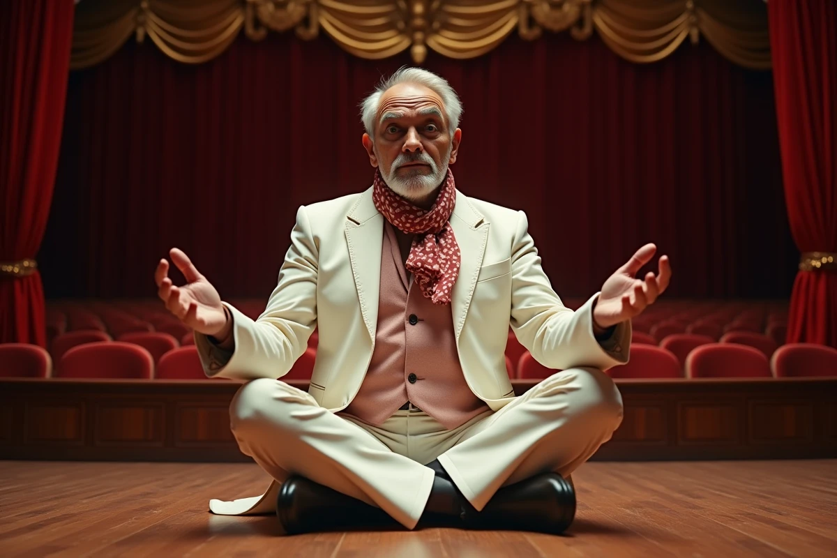 Acteur âgé en costume blanc sur scène avec rideaux en velours