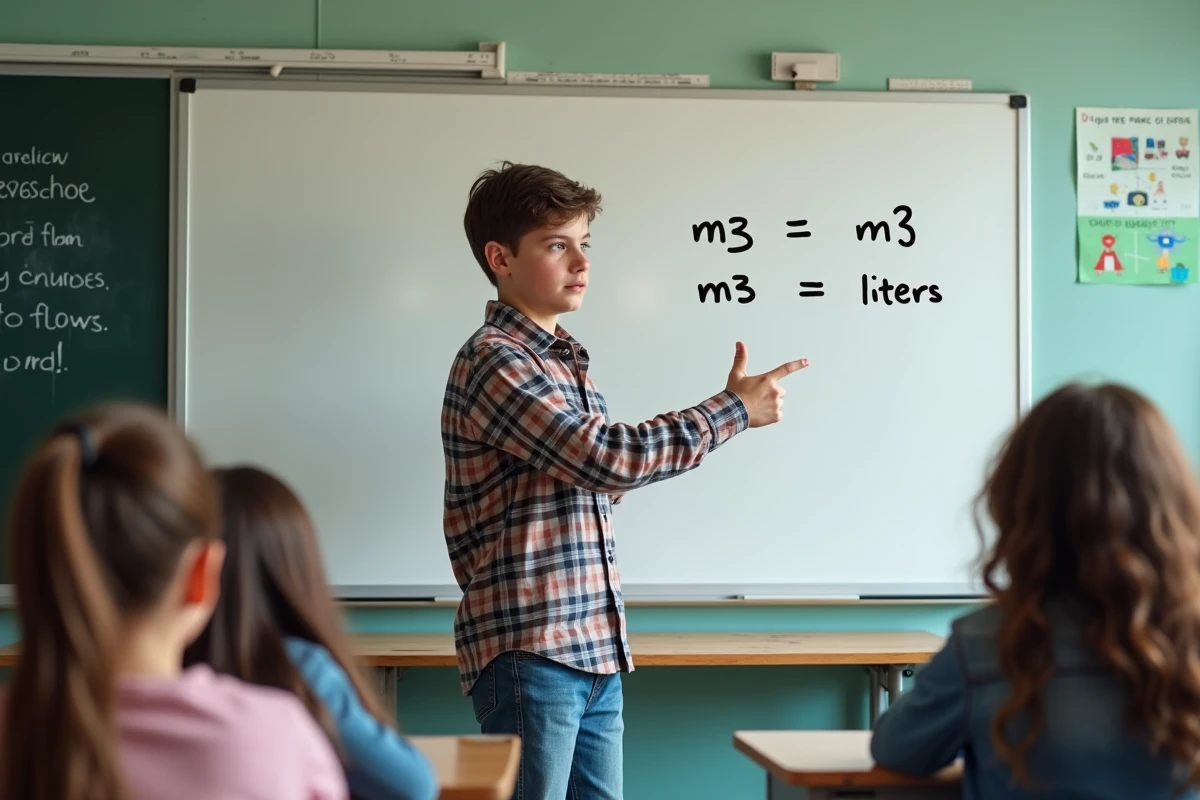 Adolescent expliquant la conversion m3 en litres en classe