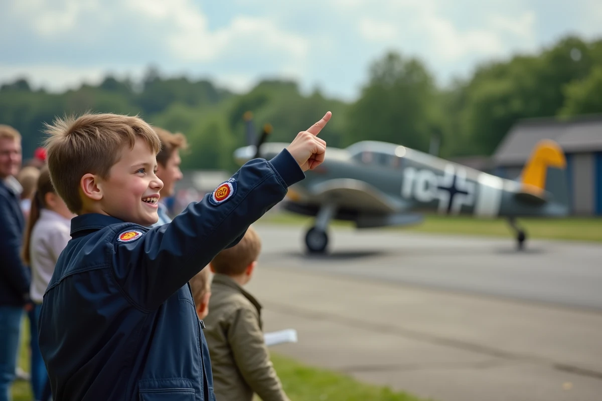 Jeune spectateur souriant devant un Bf 109 lors d