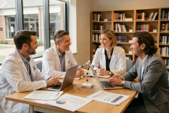 Groupe de scientifiques et de citoyens non-spécialistes échangeant autour de documents de recherche dans une salle de réunion universitaire moderne