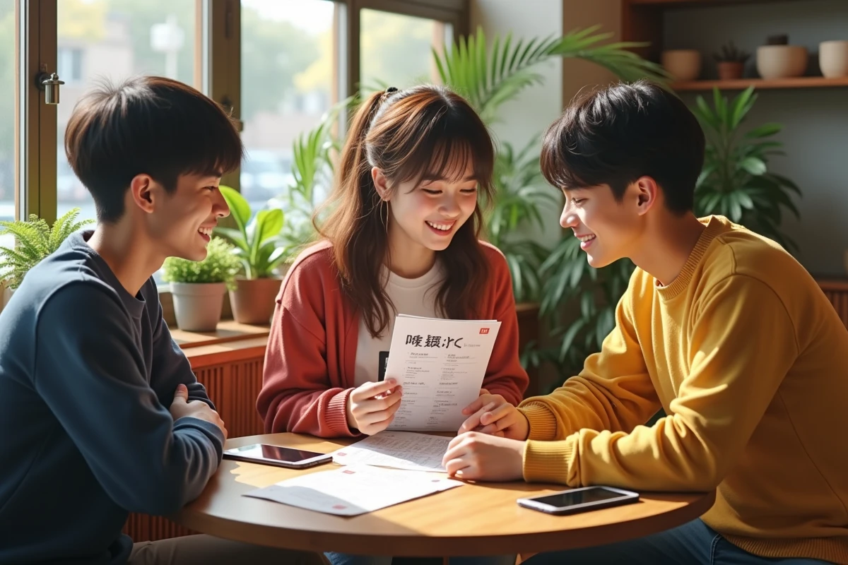 Trois amis riant en comparant une liste de manga au café