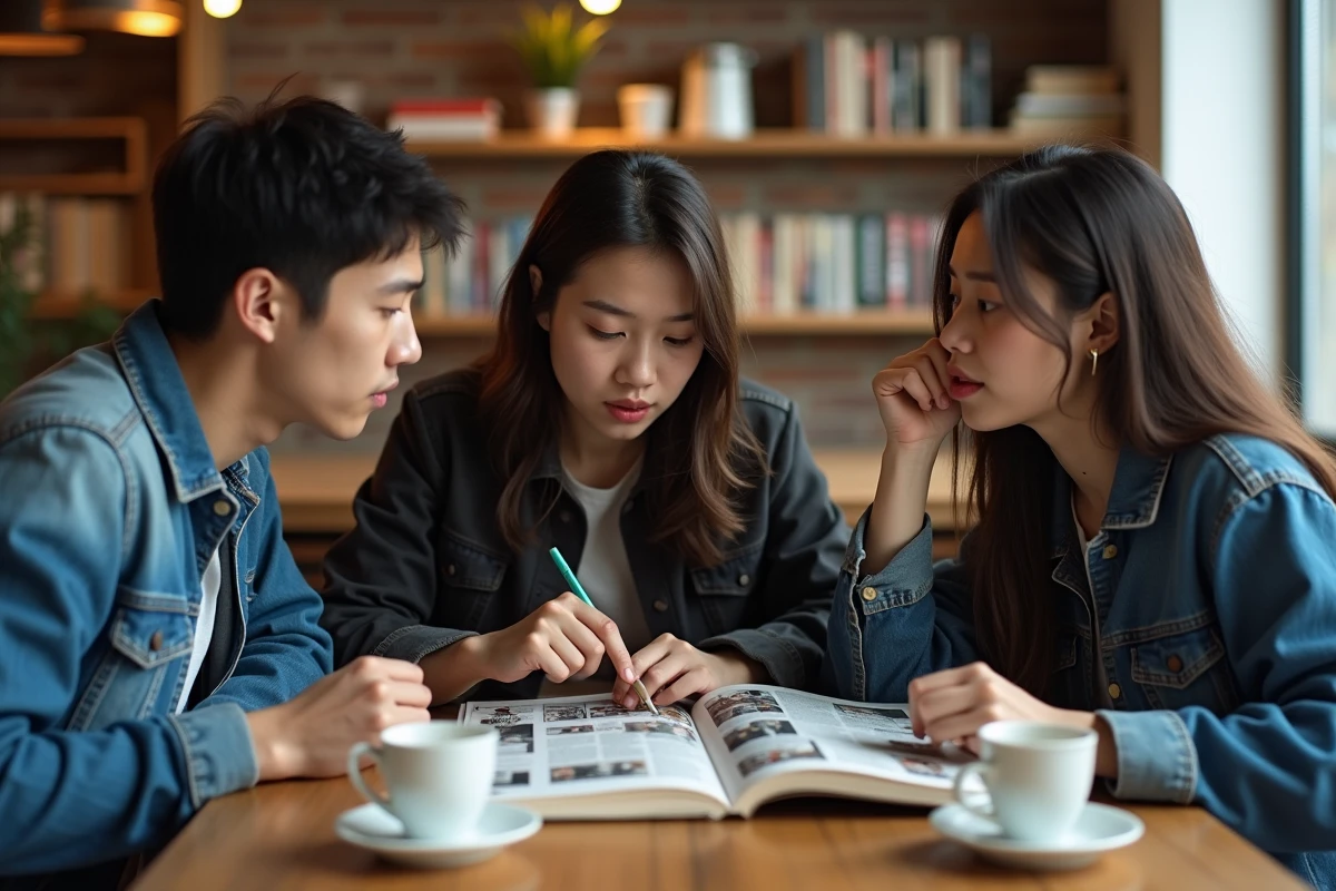 Groupe d amis discutant autour d un manga au café