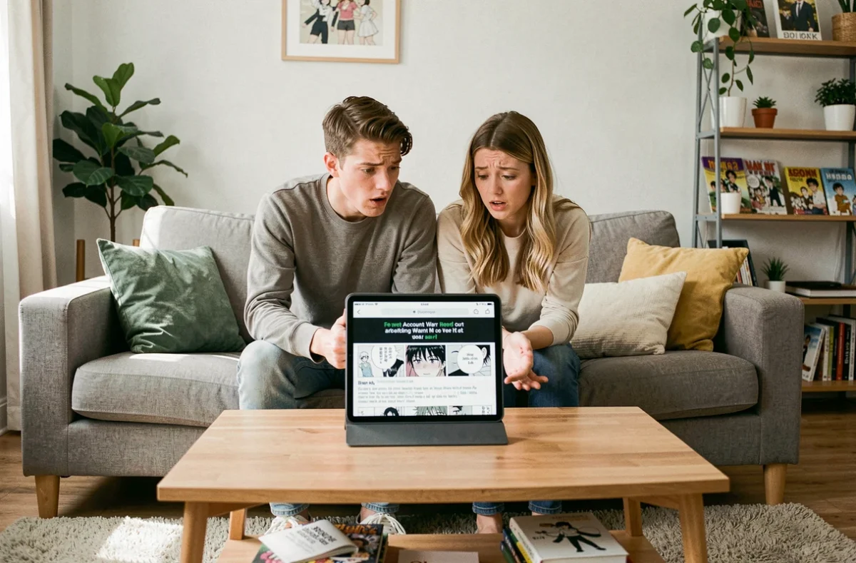 Deux amis découvrant une erreur sur leur application de lecture manga sur une tablette dans un salon contemporain