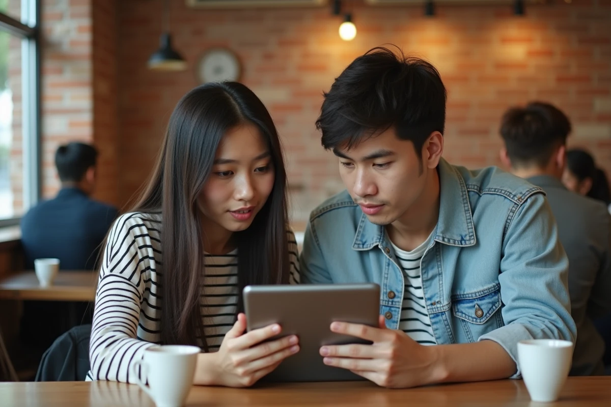 Deux amis cherchant un chapitre de manga Just Friends sur une tablette dans un café