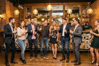 Groupe d'amis fêtant un anniversaire dans un bar danse de Strasbourg avec champagne et ambiance festive