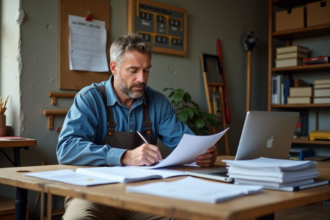 Artisan homme en bureau modeste et ensoleille