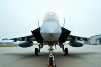 Avion de chasse moderne de type multirôle sur le tarmac d'une base aérienne militaire, vue trois quarts avant basse