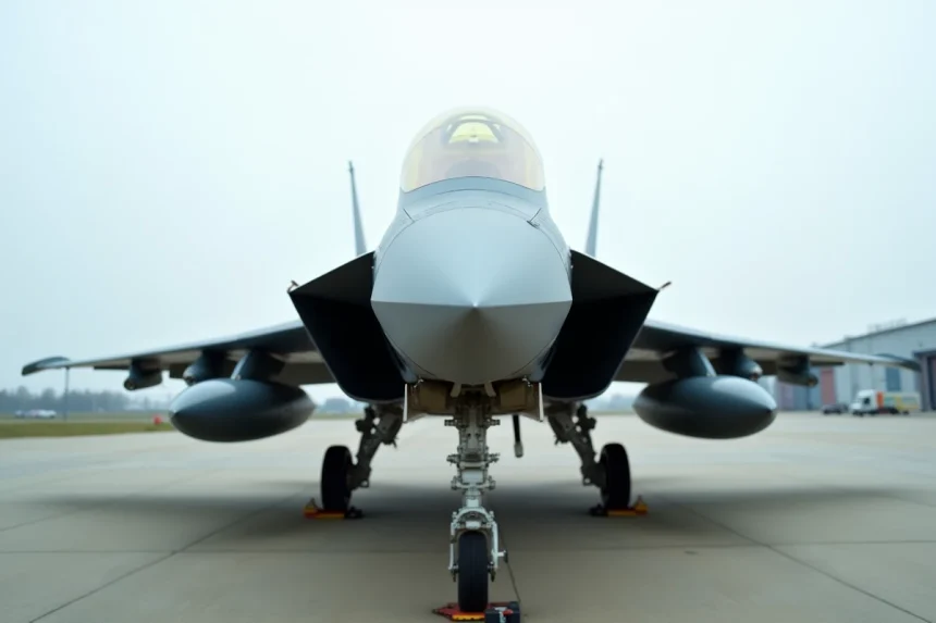 Avion de chasse moderne de type multirôle sur le tarmac d'une base aérienne militaire, vue trois quarts avant basse