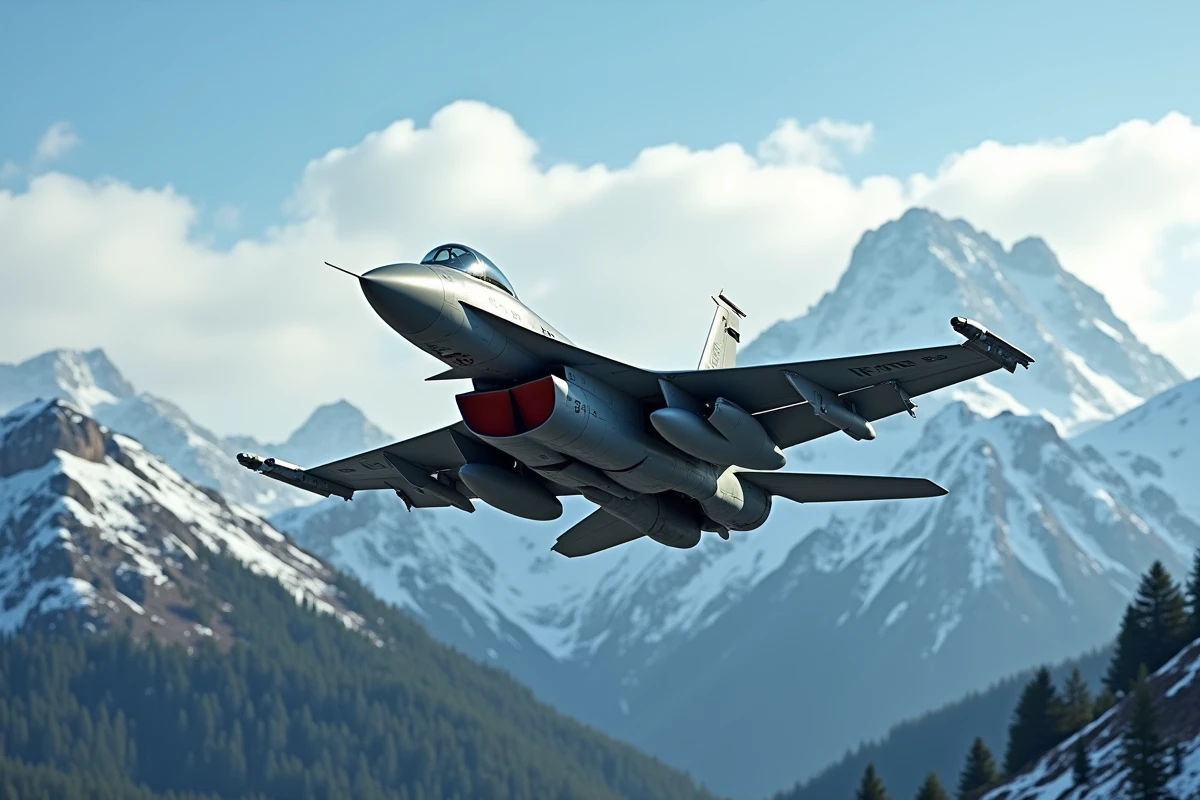 Avion de chasse en vol basse altitude au-dessus d'un paysage montagneux, vue depuis le bas révélant la voilure et les pylônes