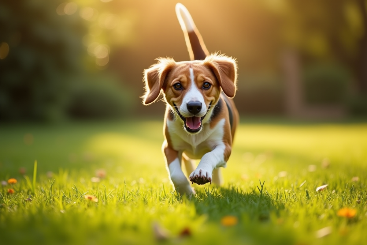Un beagle courant joyeusement dans un jardin vert