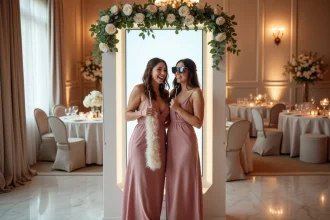 Borne photomaton décorée de fleurs pour un mariage chic avec demoiselles d'honneur qui s'amusent avec des accessoires
