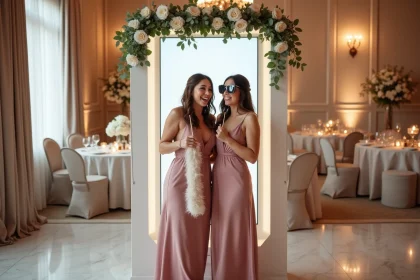 Borne photomaton décorée de fleurs pour un mariage chic avec demoiselles d'honneur qui s'amusent avec des accessoires