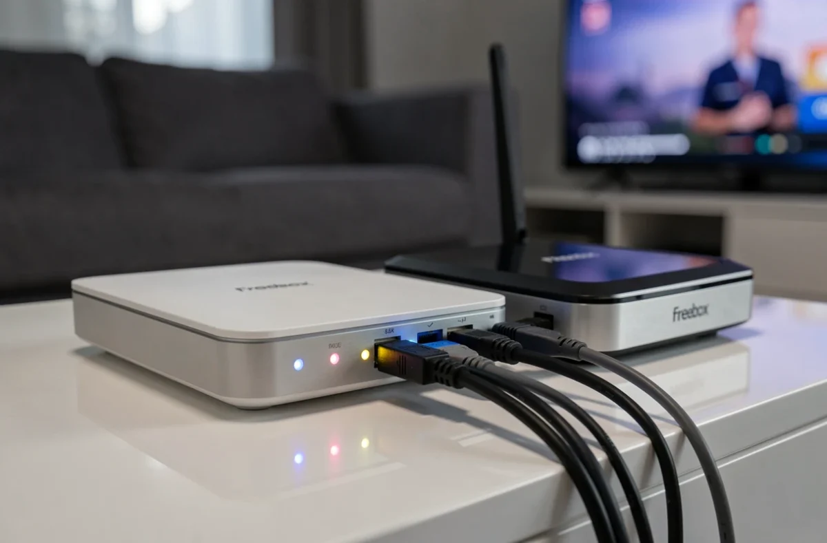 Box Freebox et décodeur TV installés sur un meuble blanc dans un salon, représentant l'offre de chaînes incluses