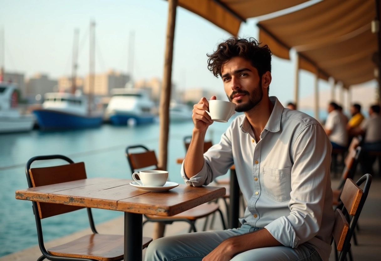 Jeune homme buvant un thé au café en bord de mer