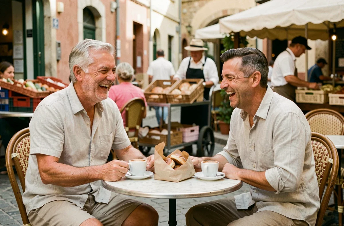 Couple savourant un café en terrasse près du marché d'Aix-en-Provence avec des pâtisseries locales