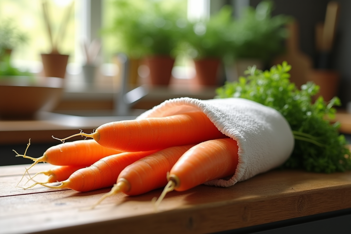 Carottes emballées sur un plan de travail en bois avec herbes