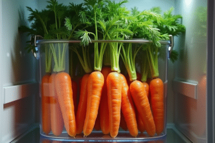 Carottes fraîches avec fanes dans un réfrigérateur lumineux