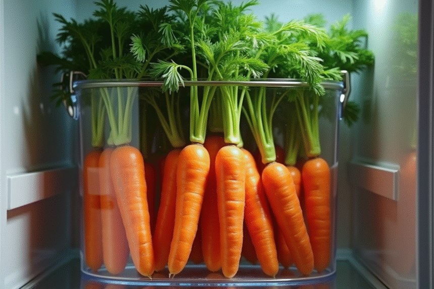Carottes fraîches avec fanes dans un réfrigérateur lumineux