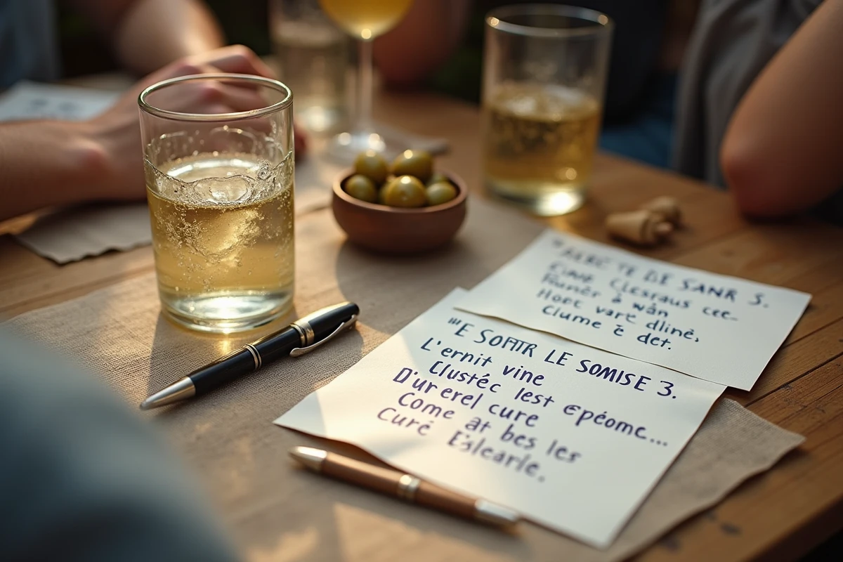 Gros plan sur des cartes de jeux de mots manuscrites avec un verre de vin blanc à l'apéro