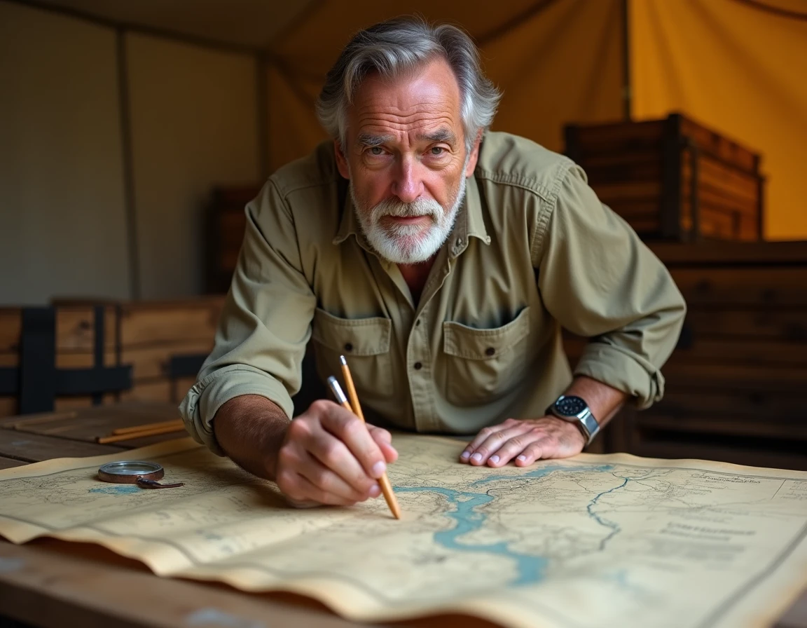 Cartographe expérimenté étudiant une carte ancienne pour mesurer la longueur d'un fleuve, ambiance documentaire dans une tente de terrain