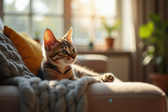 Chat nain allongé sur un canapé dans un salon lumineux