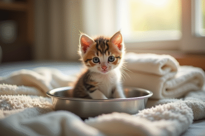 Chaton dans un bol en acier inoxydable dans un intérieur cosy