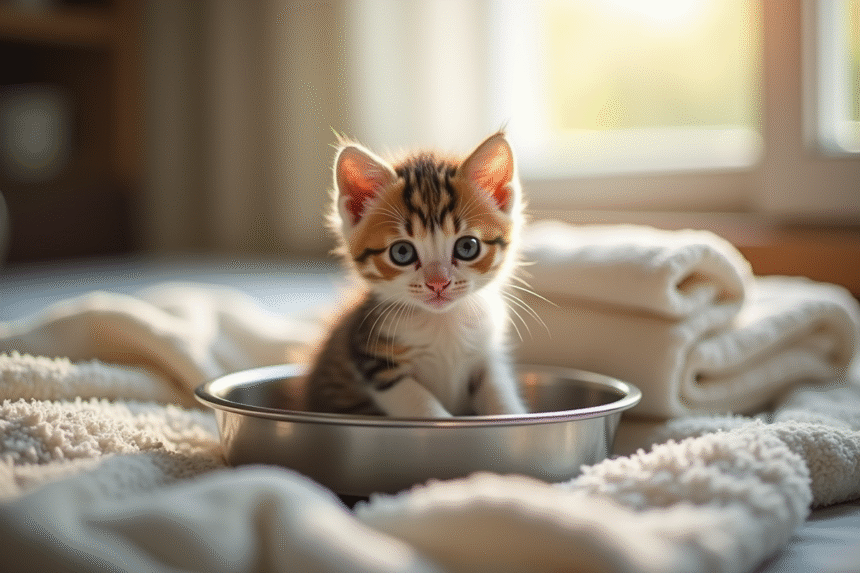 Chaton dans un bol en acier inoxydable dans un intérieur cosy