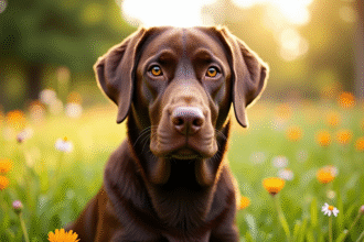 Labrador au soleil dans un parc avec des fleurs sauvages