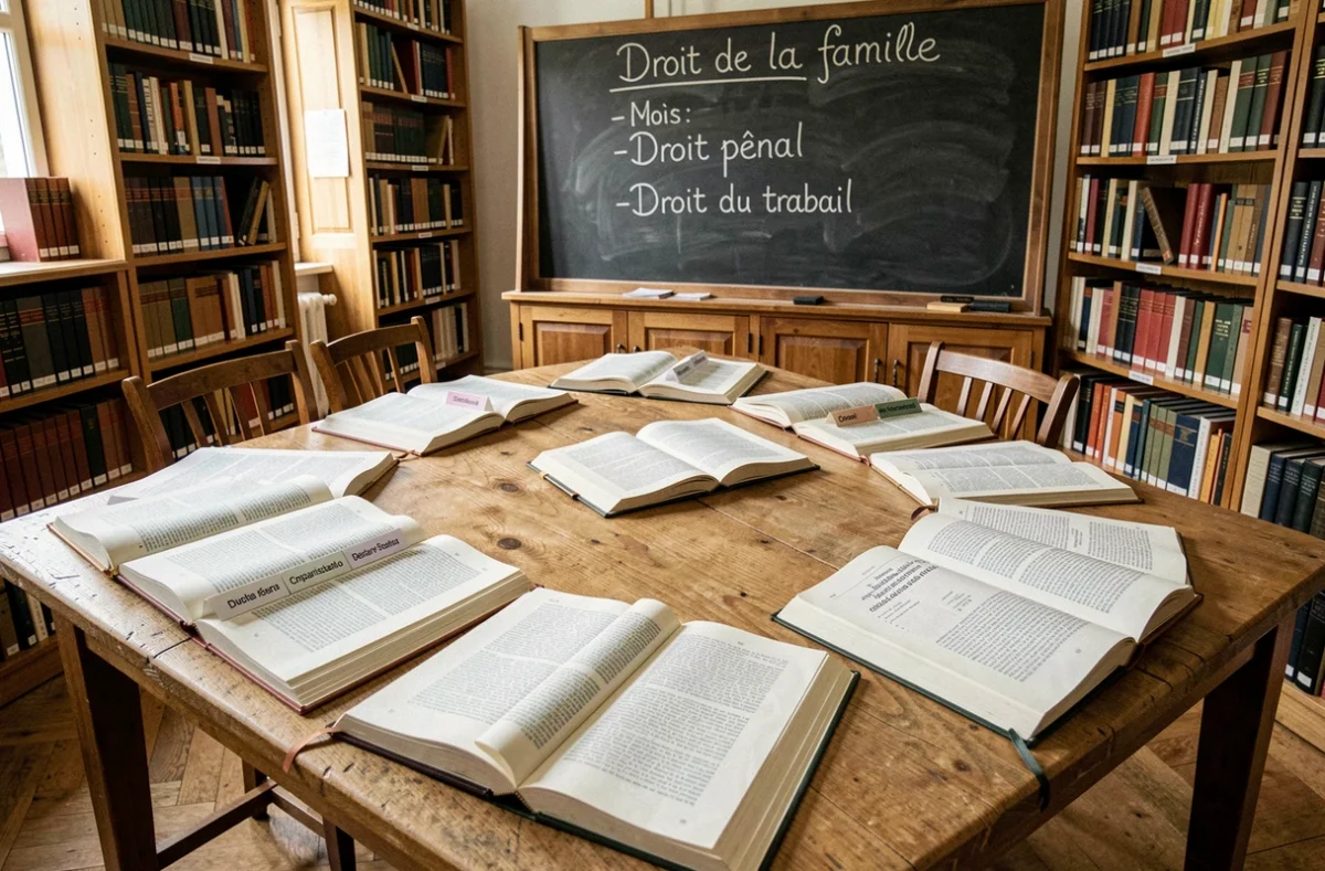 Table de bibliothèque juridique avec ouvrages de spécialités différentes pour choisir un avocat en Moselle
