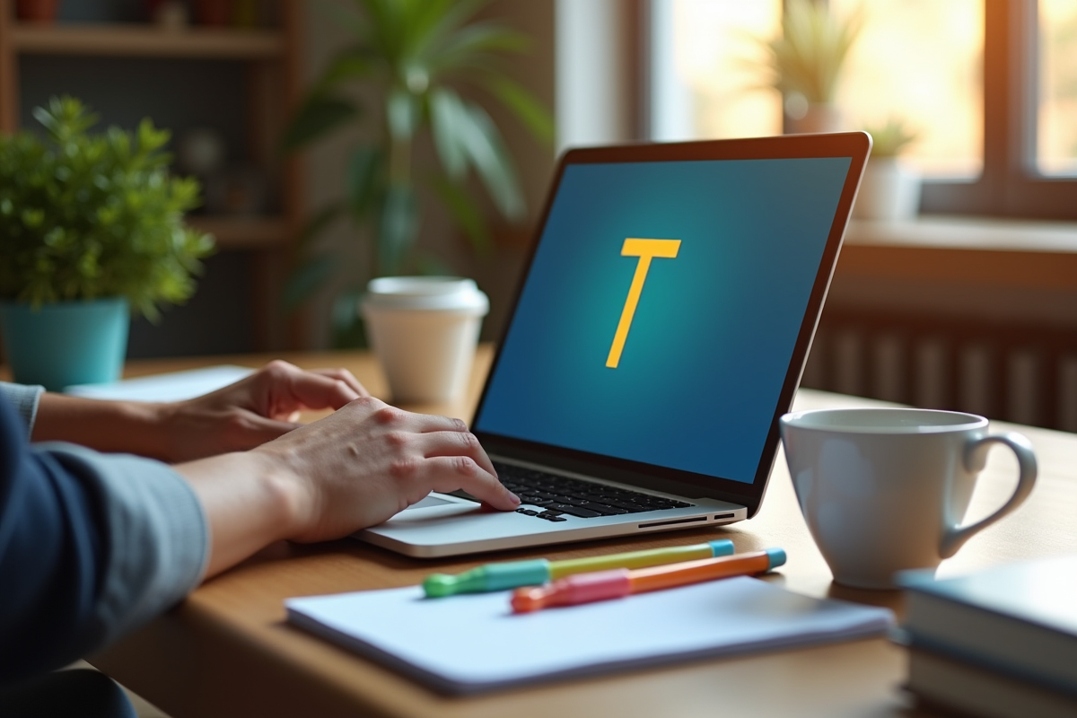 Mains tapant sur un ordinateur portable avec un carnet et des marqueurs