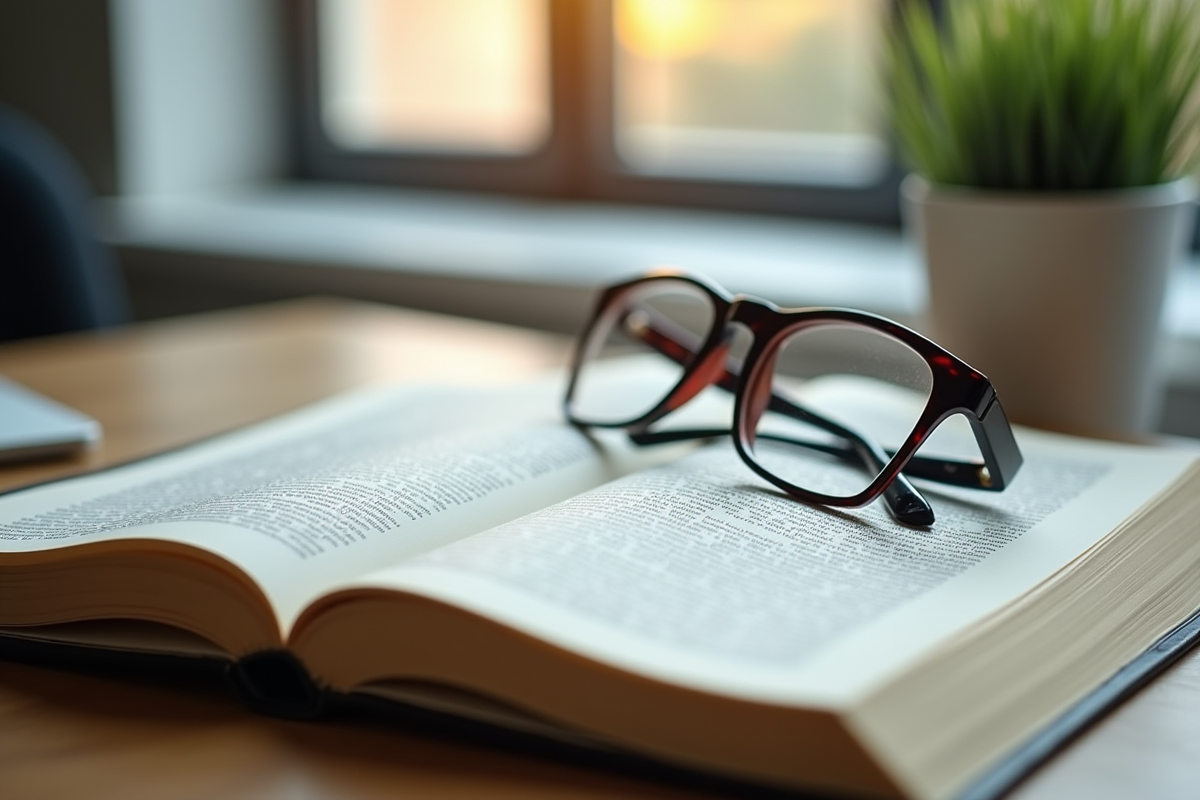 Livre de code civil ouvert avec lunettes en lumière naturelle