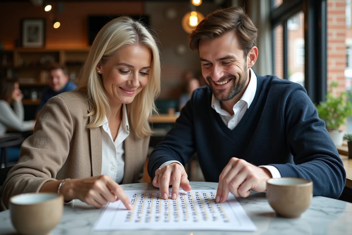 Deux adultes collaborant sur un jeu de mots dans un café, apprenant ensemble à utiliser un solver de mots pour débutants