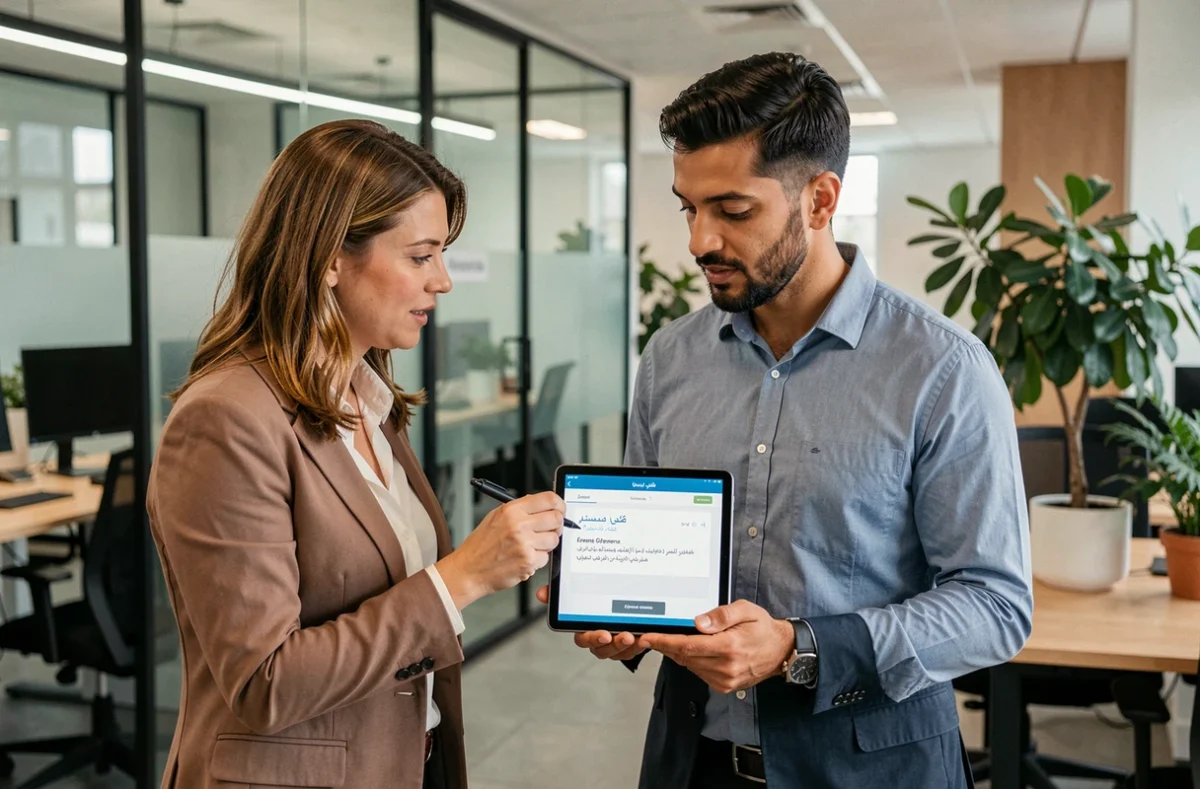 Deux collègues franco-marocains discutant d'une traduction bilingue français-arabe sur une tablette dans un espace de coworking