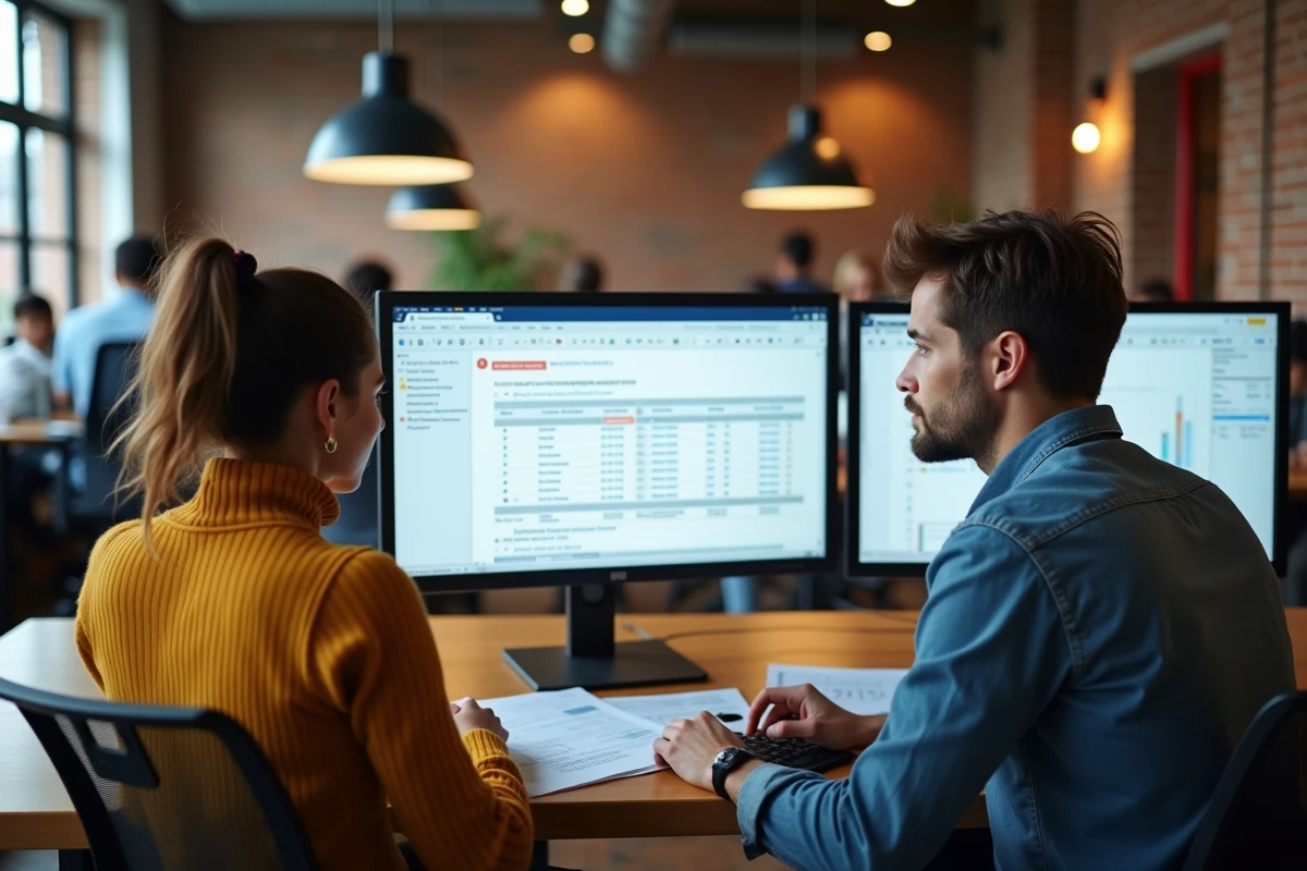 Deux collègues comparant des profils d'avis suspects sur un écran dans un espace de coworking