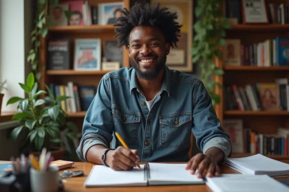 Comedien noir en écriture dans son atelier créatif