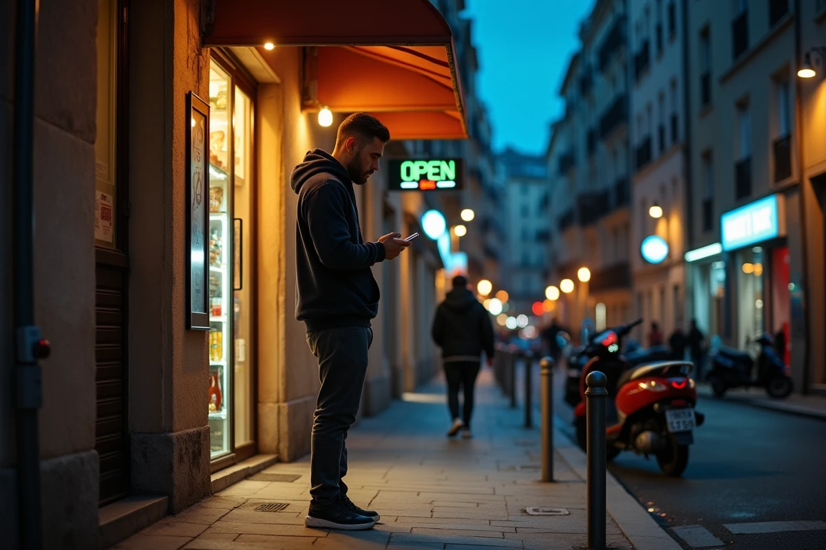 Homme consultant son téléphone devant un magasin ouvert la nuit dans une rue de Montpellier