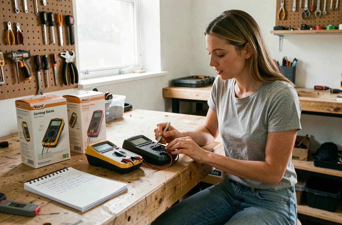 Femme comparant deux modèles de multimètres sur un établi de bricolage à domicile