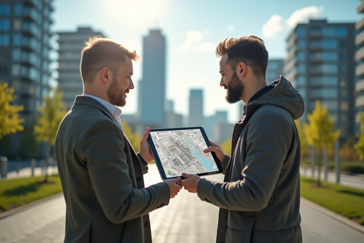 Deux personnes consultent une carte urbaine sur une tablette en extérieur