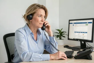 Femme contactant l'assistance CGOS par téléphone depuis son bureau administratif