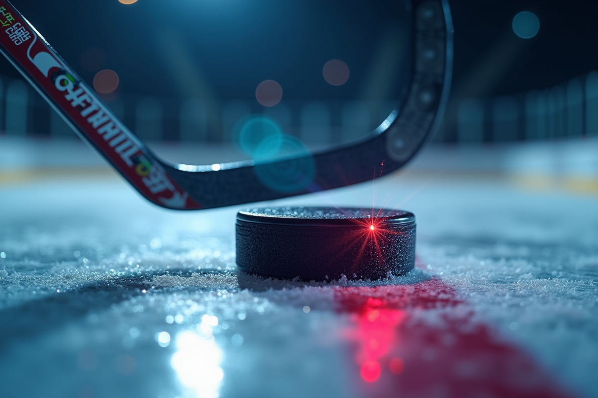 Coup de hockey avec puck intelligent et lignes LED sur glace