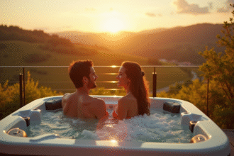 Couple romantique dans un jacuzzi privé avec vue sur vignobles alsaciens