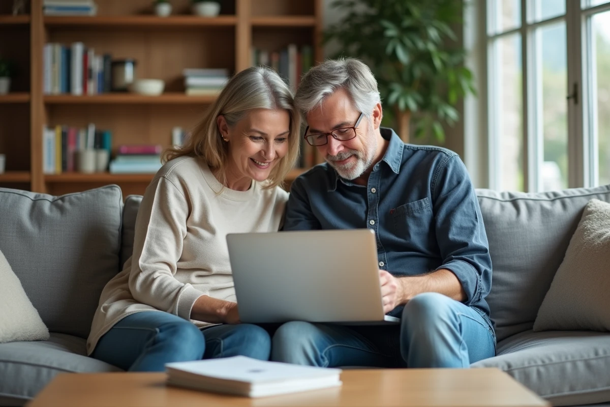 Couple planifiant leurs achats et économies en ligne depuis leur salon avec un ordinateur portable
