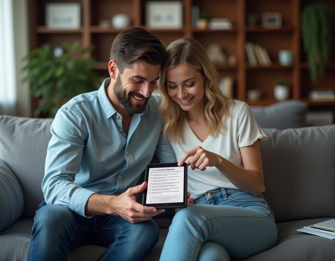 Couple consultant un guide en ligne sur tablette pour résilier un forfait Free Mobile et maximiser le remboursement concurrent