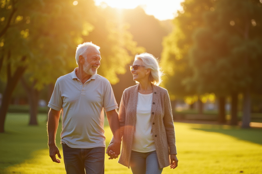 Couple senior souriant marchant dans un parc ensoleille