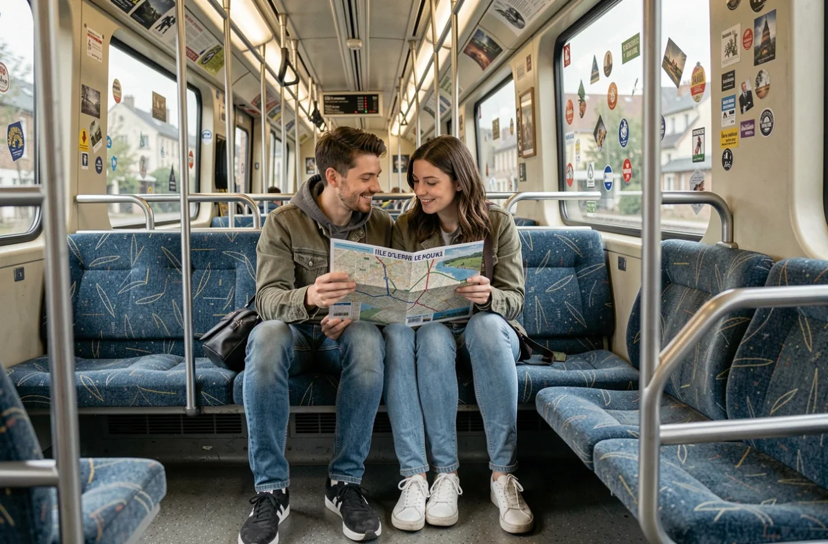 Couple de touristes consultant le plan du RER en Île-de-France dans un wagon