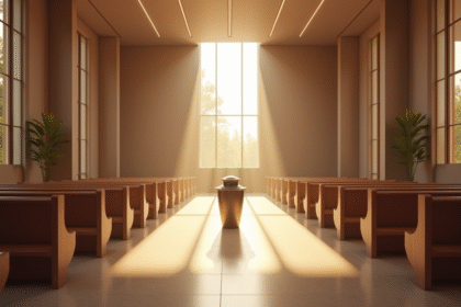 Intérieur moderne d'un crématorium avec lumière naturelle et urne élégante