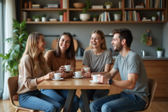 Quatre jeunes adultes partageant un café dans une cuisine moderne